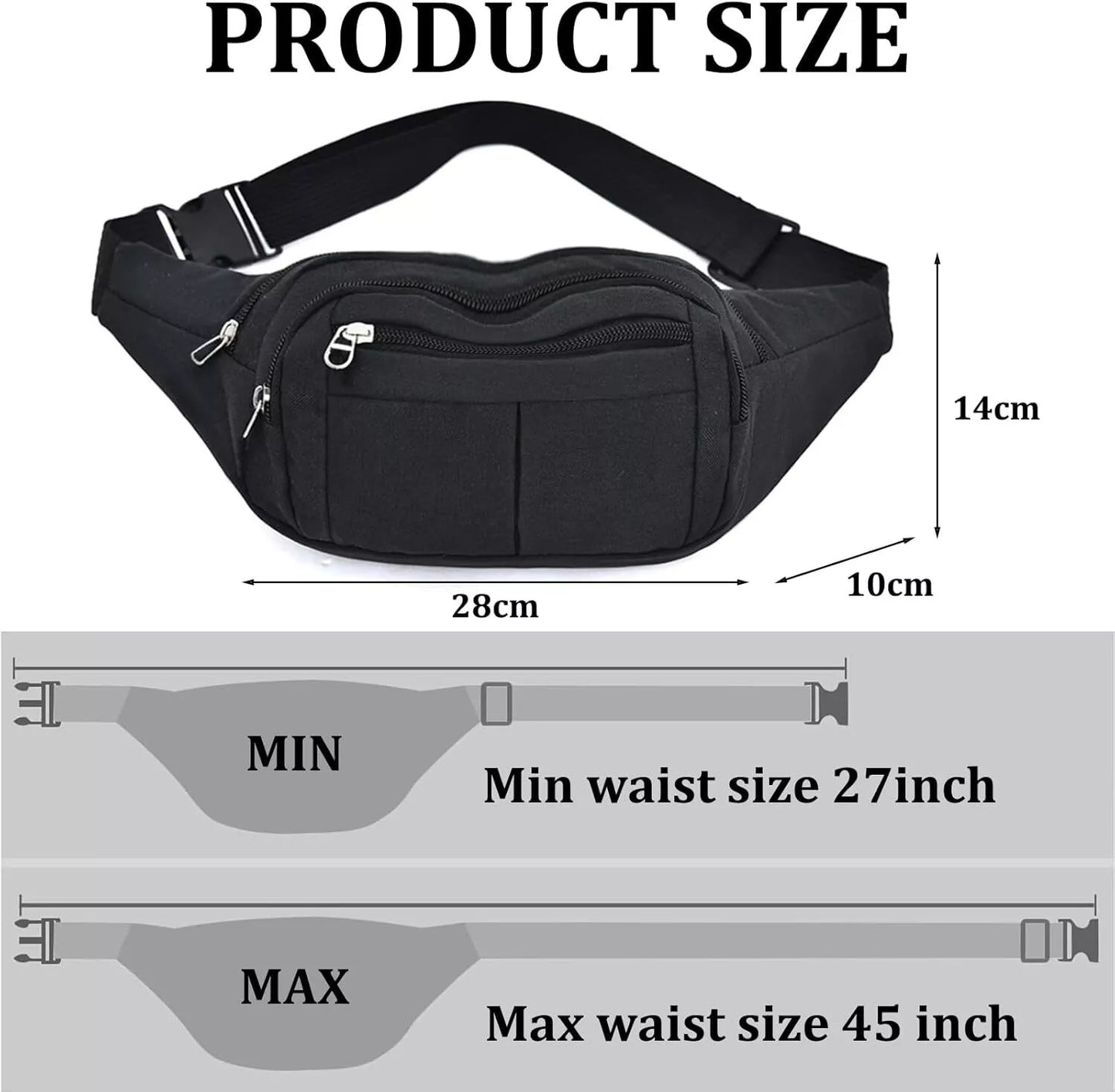 Waist Bag Black Belt Waterproof 4 Zipper Pockets Outdoor Sports Hiking Jogging