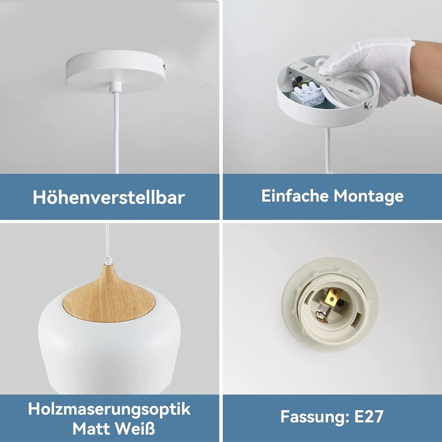 White Pendant Light, Ø30CM Modern Stylish Hanging Light with Wood Looking Holder