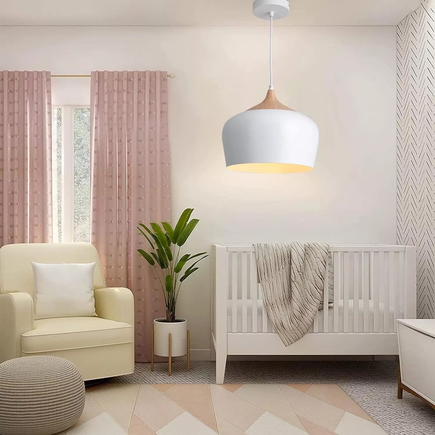 White Pendant Light, Ø30CM Modern Stylish Hanging Light with Wood Looking Holder