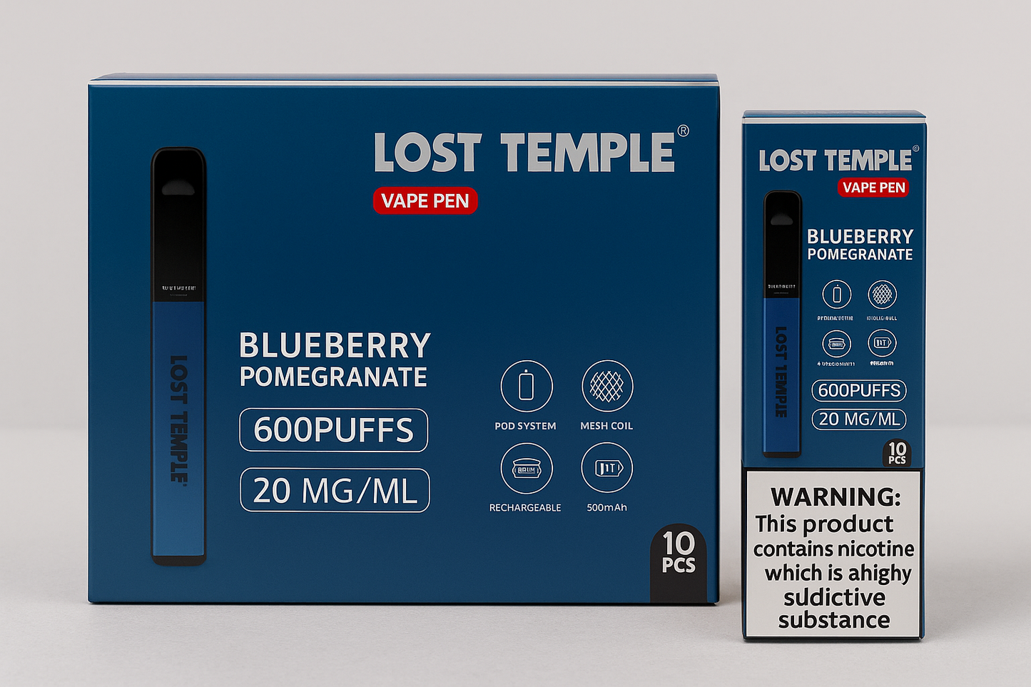 Lost Temple® Blueberry Pomegranate 600 Puffs Vape Pen | 20mg/ml Nicotine | Rechargeable Mesh Coil Pod System (10 Pack)