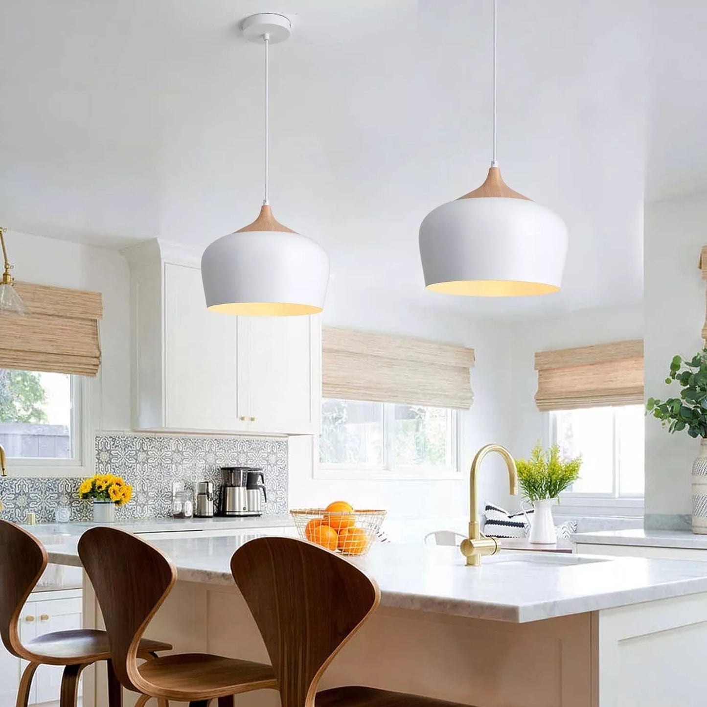 White Pendant Light, Ø30CM Modern Stylish Hanging Light with Wood Looking Holder