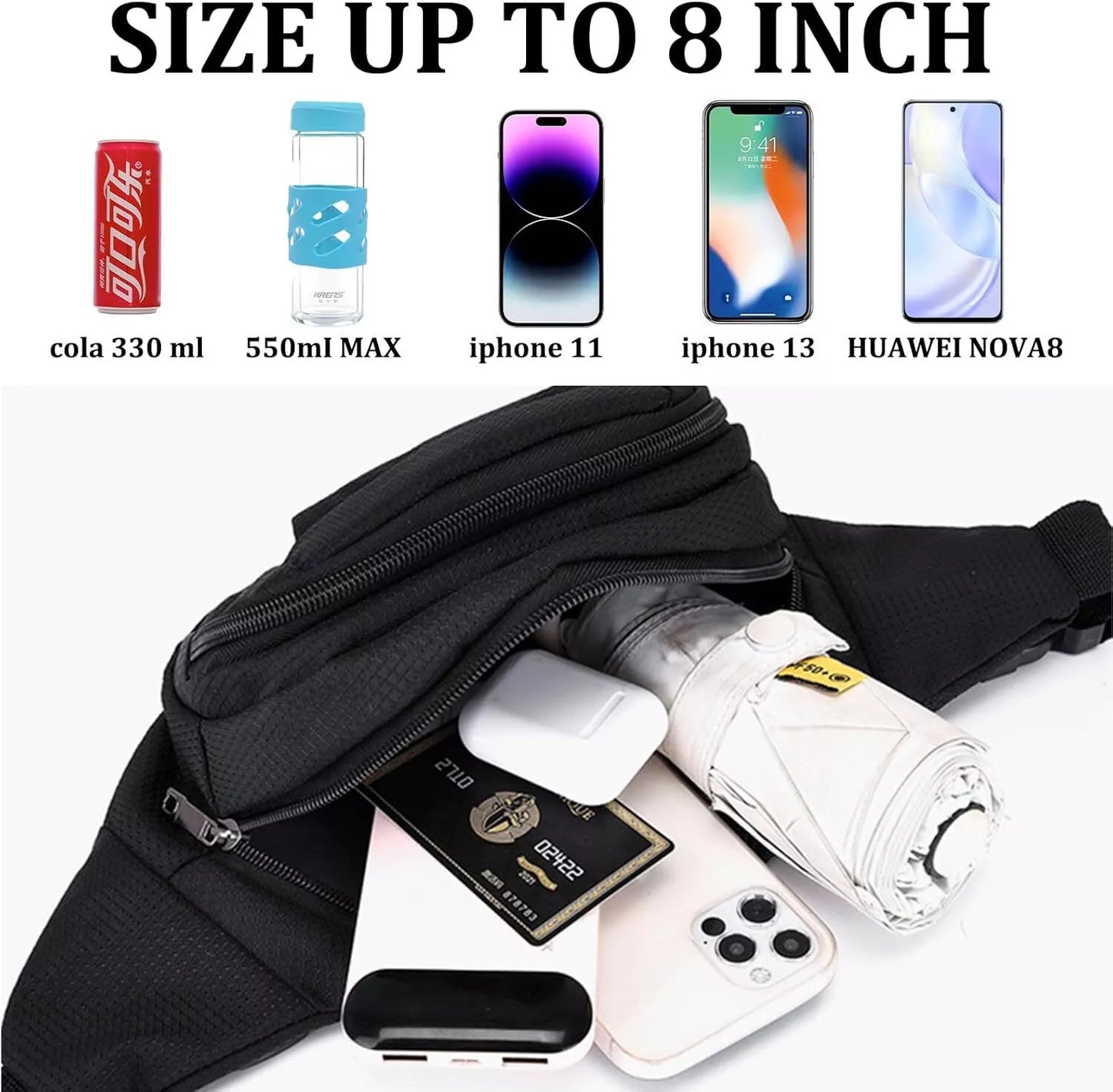 Waist Bag Black Belt Waterproof 4 Zipper Pockets Outdoor Sports Hiking Jogging