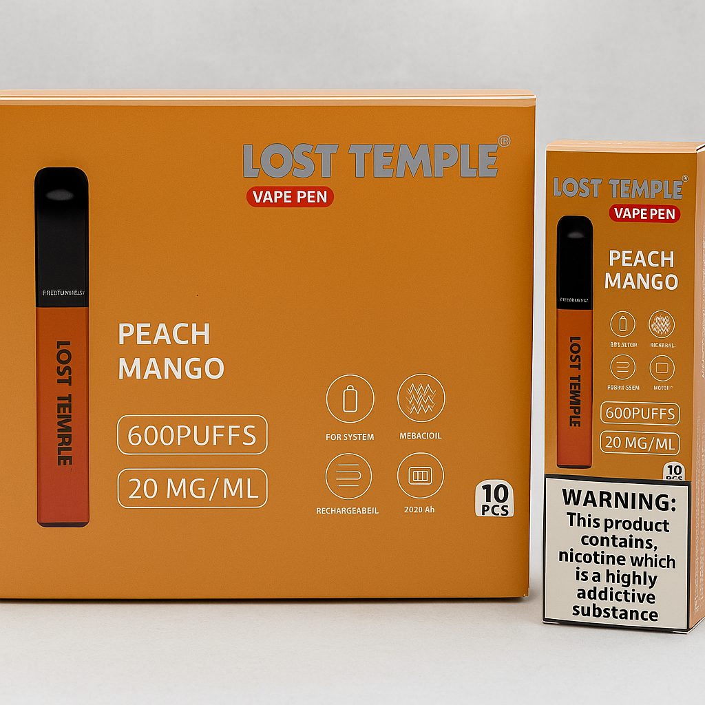 Lost Temple® Peach Mango Vape Pen | 600 Puffs | 20mg Nicotine | Rechargeable Pod System with Mesh Coil (10 Pack)