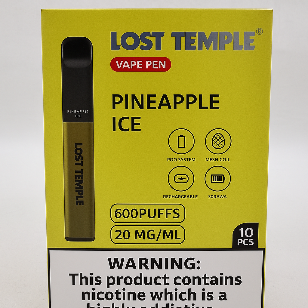 Lost Temple® Pineapple Ice 600 Puffs Vape Pen | 20MG/ML Nicotine | Rechargeable Mesh Coil Pod System (10 Pack)