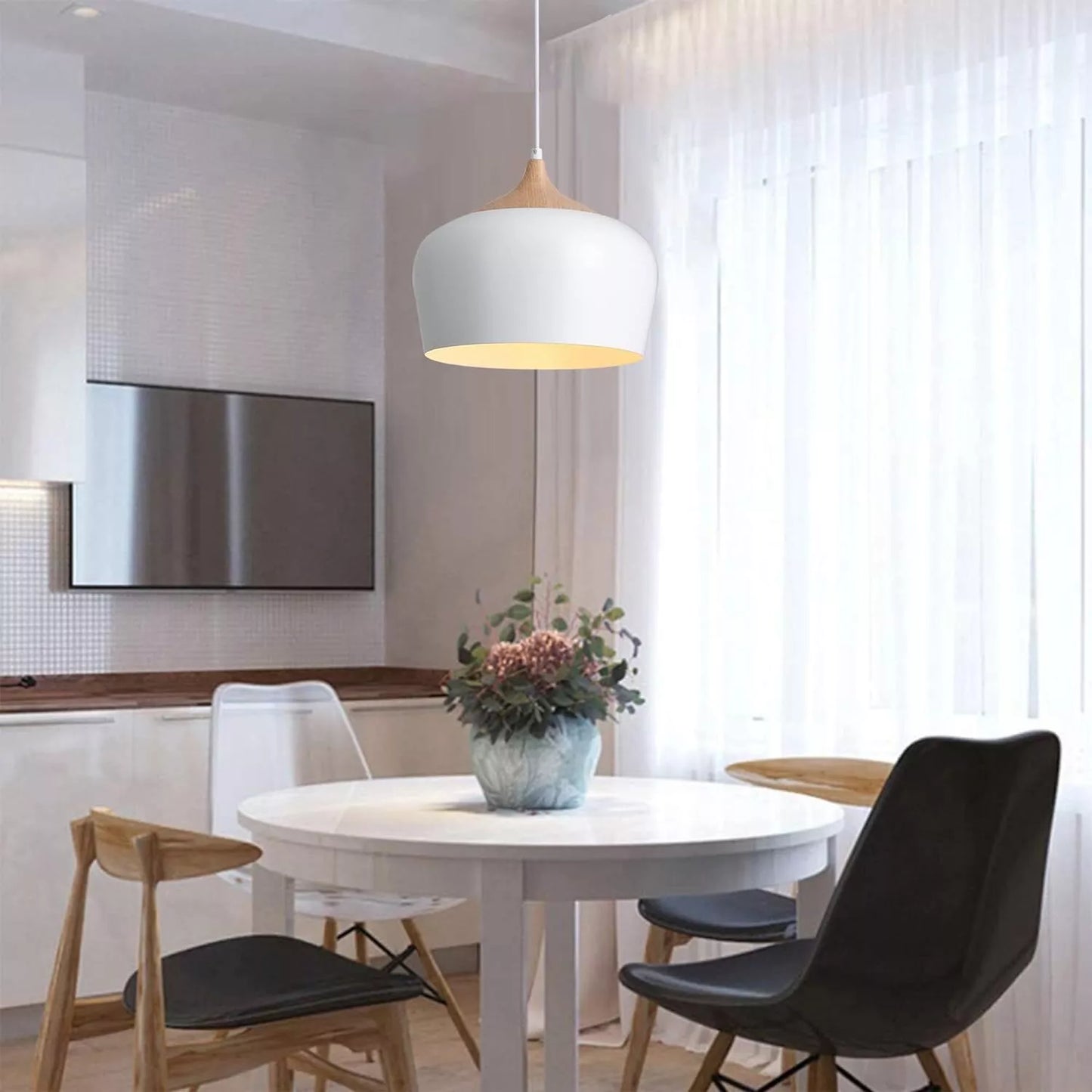White Pendant Light, Ø30CM Modern Stylish Hanging Light with Wood Looking Holder