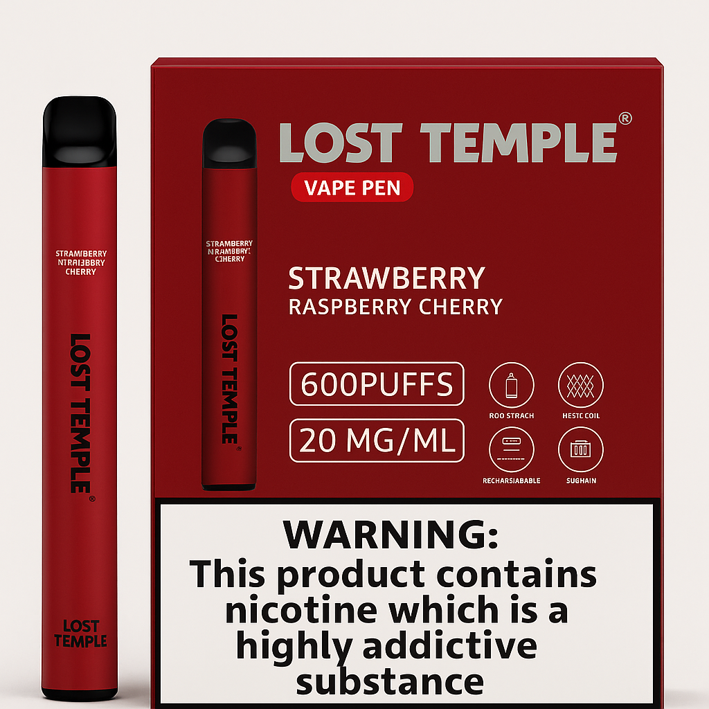 Lost Temple® Strawberry Raspberry Cherry Vape Pen 600 Puffs | 20mg/ml Nicotine | Mesh Coil | Rechargeable Pod System (10 Pack)