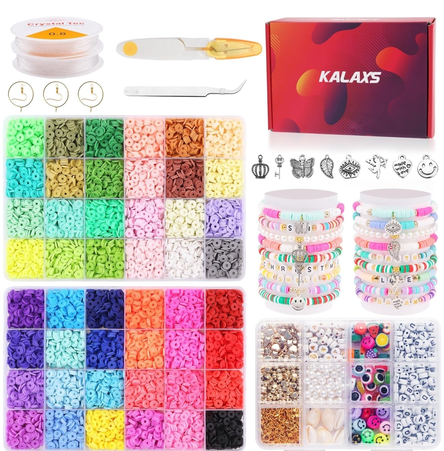 Kalaxs 12000pcs Clay Bead Bracelet Kit, 48 Color Flat Beads Letter Beads Kit,Jewelry Making Kit with Preppy Heishi Beads and Charms,Crafts for Girls Adult-3 Boxes Gift Kit