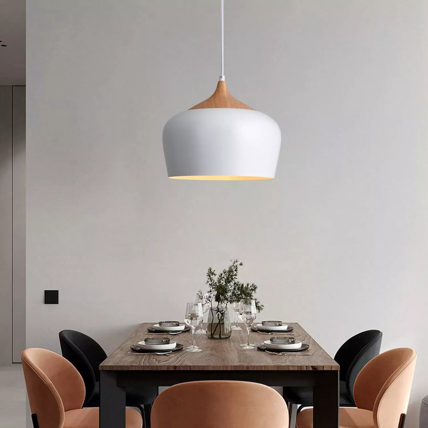 White Pendant Light, Ø30CM Modern Stylish Hanging Light with Wood Looking Holder