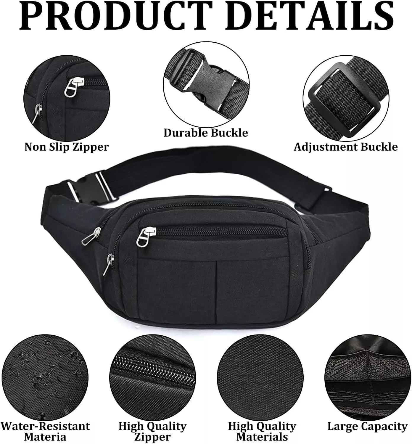 Waist Bag Black Belt Waterproof 4 Zipper Pockets Outdoor Sports Hiking Jogging