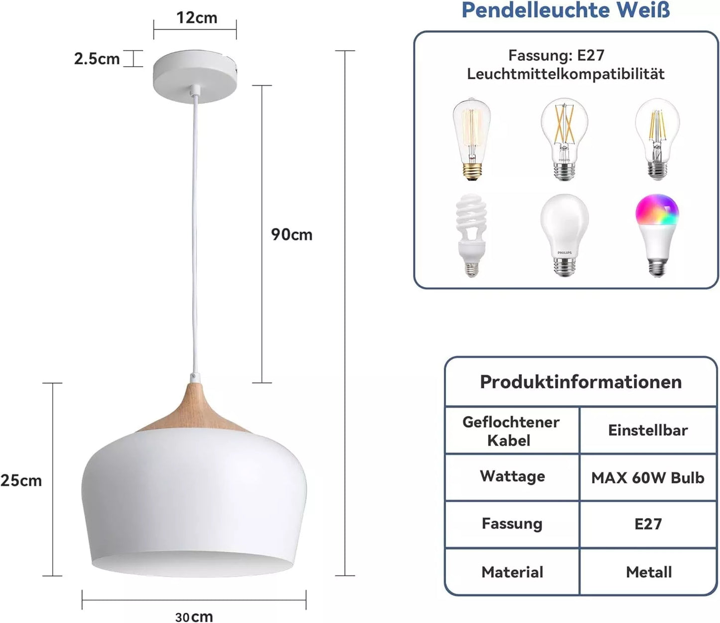 White Pendant Light, Ø30CM Modern Stylish Hanging Light with Wood Looking Holder
