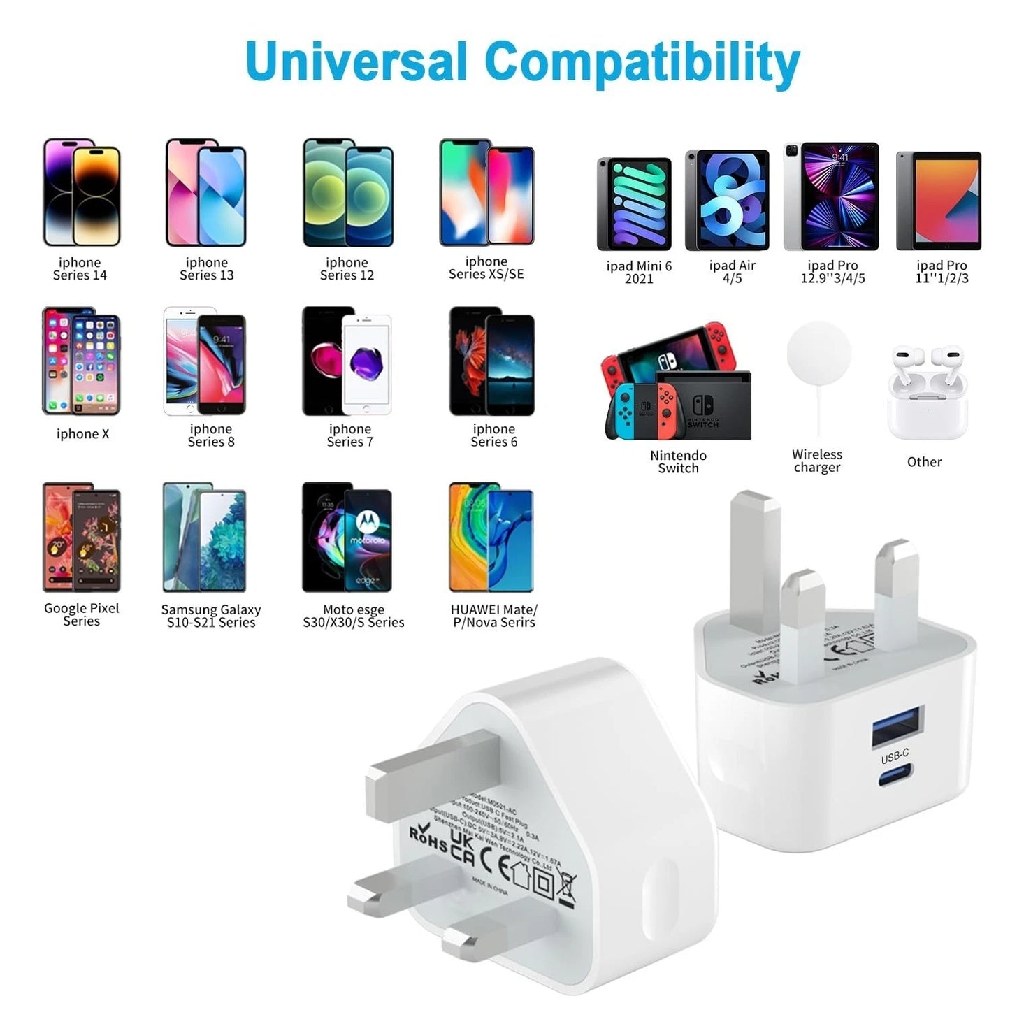 Pack USB C Plug UK iPhone Charger Fast Phone Apple USBC Lighting 2 in 1 Cable