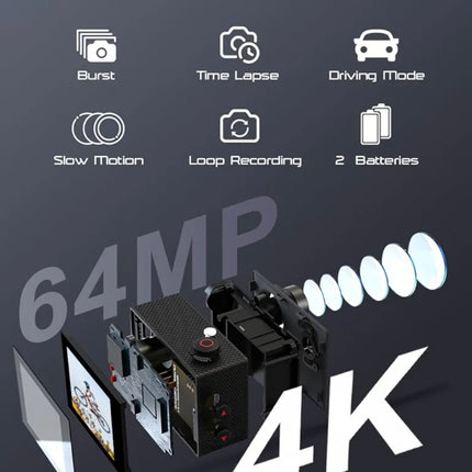 Apexcam Action Camera 4K 60FPS 64MP with 64GB Card WiFi Underwater Camera Waterproof 40M Sports Camera EIS With Ultra HD 2.4G Remote 2 x 1350mAh Batteries and Accessories