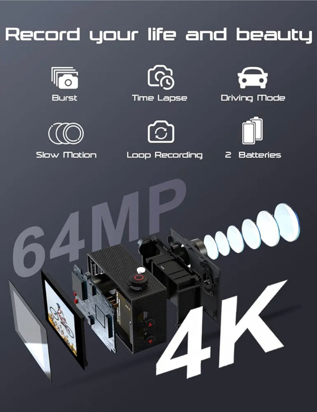 Apexcam Action Camera 4K 60FPS 64MP with 64GB Card WiFi Underwater Camera Waterproof 40M Sports Camera EIS With Ultra HD 2.4G Remote 2 x 1350mAh Batteries and Accessories