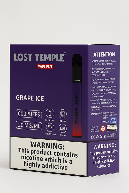 Lost Temple® Grape Ice Vape Pen - 600 Puffs, 20mg/ml Nicotine, Rechargeable with Mesh Coil (10 Pack)