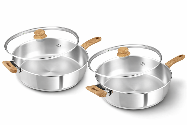 KOCH SYSTEME CS Stainless Steel Saute Pan with Lid, 12 Inch Deep Frying Pan with Double Handles, 5.5 Quart 18/10 Stainless Steel Pan with Cool-Touch Bakelite Handle, Deep Frying Pan, Induction Ready