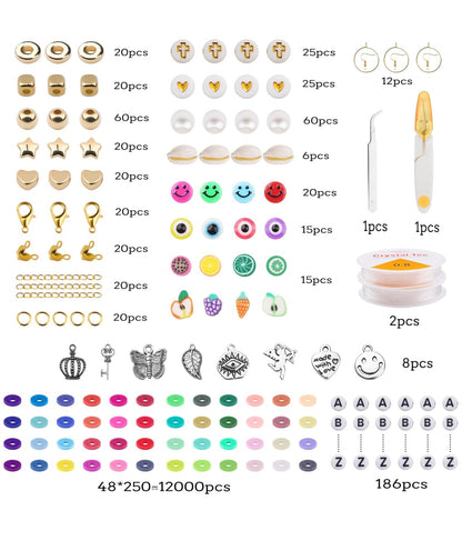 Kalaxs 12000pcs Clay Bead Bracelet Kit, 48 Color Flat Beads Letter Beads Kit,Jewelry Making Kit with Preppy Heishi Beads and Charms,Crafts for Girls Adult-3 Boxes Gift Kit
