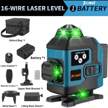 Jemi 4D 16-Line Laser Level 360° x4 | Self-Leveling + LCD Touch | Remote + 1 Battery + Carry Bag 🧰