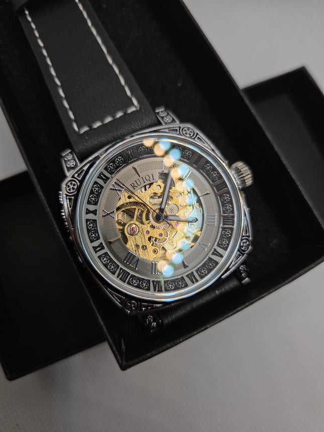 RUIQI Silver Skeleton Automatic Watch – Roman Numeral Dial, Engraved Case & Black Leather Strap (3ATM)