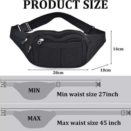 Waist Bag Black Belt Waterproof 4 Zipper Pockets Outdoor Sports Hiking Jogging