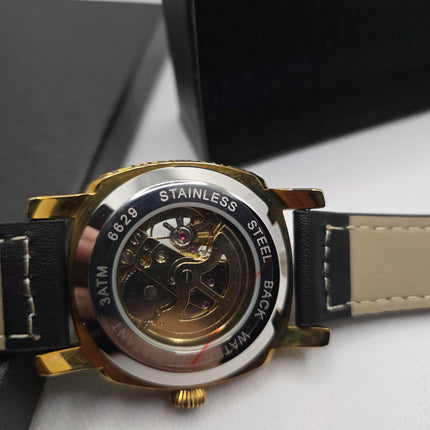 RUIQI Luxury Skeleton Automatic Watch – Gold Engraved Case & Black Leather Strap (3ATM Water Resistant)