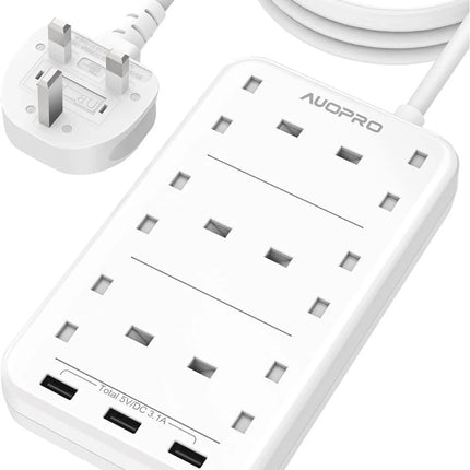 AUOPRO 6-Way UK Extension Lead with 3 USB Ports | 5ft Cable | White