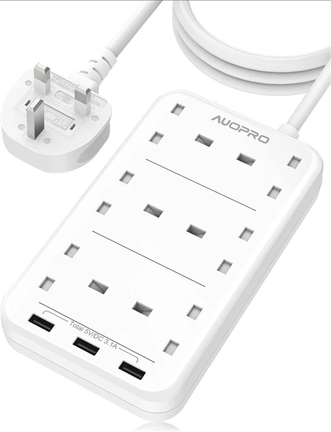 AUOPRO 6-Way UK Extension Lead with 3 USB Ports | 5ft Cable | White