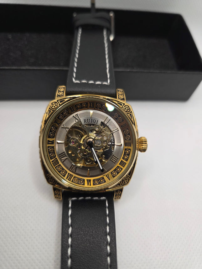 RUIQI Luxury Skeleton Automatic Watch – Gold Engraved Case & Black Leather Strap (3ATM Water Resistant)