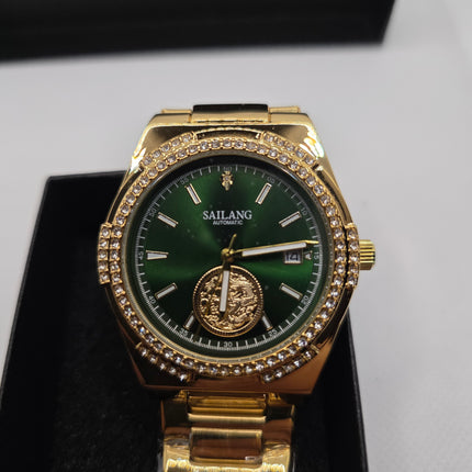 SAILANG Gold Automatic Watch – Green Dial, Crystal Bezel & Date Display (Stainless Steel Bracelet, 3ATM)