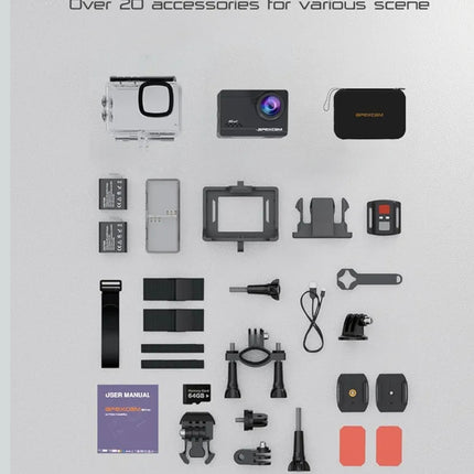 Apexcam Action Camera 4K 60FPS 64MP with 64GB Card WiFi Underwater Camera Waterproof 40M Sports Camera EIS With Ultra HD 2.4G Remote 2 x 1350mAh Batteries and Accessories