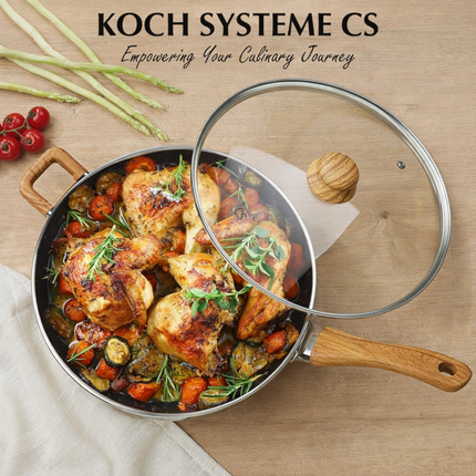 KOCH SYSTEME CS Stainless Steel Saute Pan with Lid, 12 Inch Deep Frying Pan with Double Handles, 5.5 Quart 18/10 Stainless Steel Pan with Cool-Touch Bakelite Handle, Deep Frying Pan, Induction Ready