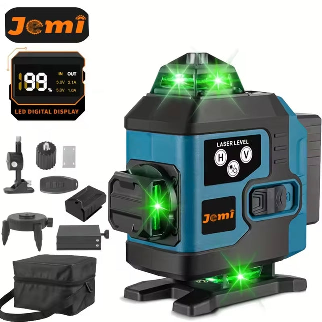 Jemi 4D 16-Line Laser Level 360° x4 | Self-Leveling + LCD Touch | Remote + 1 Battery + Carry Bag 🧰