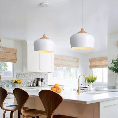 White Pendant Light, Ø30CM Modern Stylish Hanging Light with Wood Looking Holder