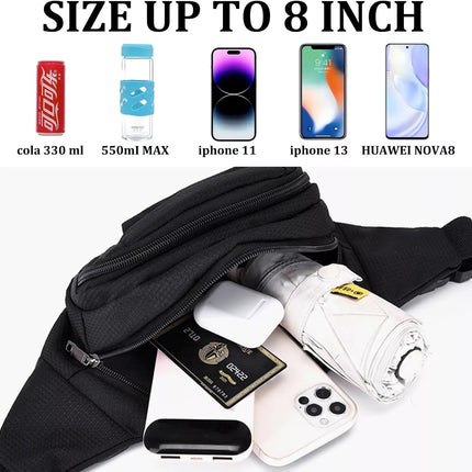 Waist Bag Black Belt Waterproof 4 Zipper Pockets Outdoor Sports Hiking Jogging