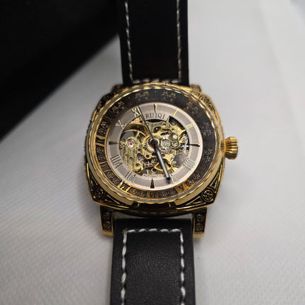 RUIQI Luxury Skeleton Automatic Watch – Gold Engraved Case & Black Leather Strap (3ATM Water Resistant)