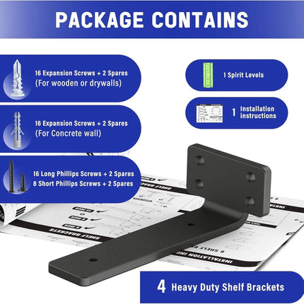 4 Pack Floating Shelf Brackets 20CM Heavy Duty Metal for Support Wall Hanging