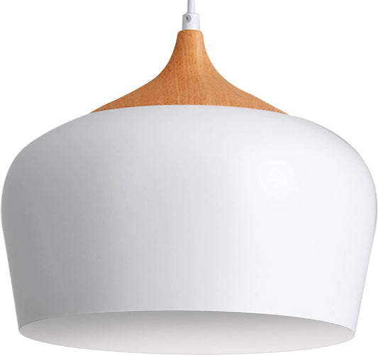 White Pendant Light, Ø30CM Modern Stylish Hanging Light with Wood Looking Holder