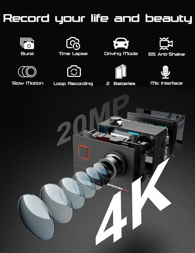 Apexcam M90 Pro EIS Action Camera 4K 20MP WIFI for Sports 170°Wide-Angle 40M Waterproof with Remote Control Selfie Stick 2 Rechargeable Batteries and Accessories Kit