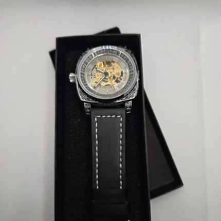 RUIQI Silver Skeleton Automatic Watch – Roman Numeral Dial, Engraved Case & Black Leather Strap (3ATM)