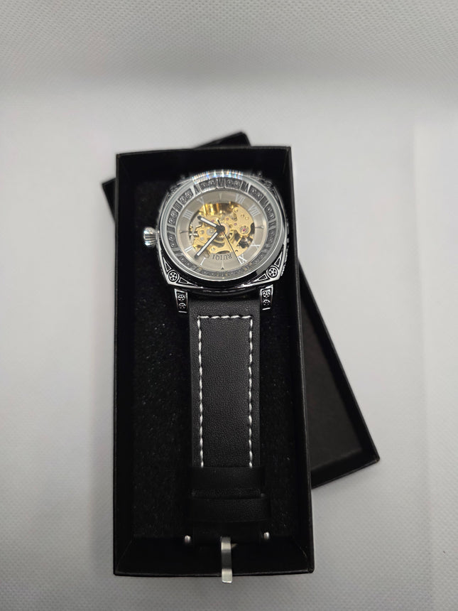 RUIQI Silver Skeleton Automatic Watch – Roman Numeral Dial, Engraved Case & Black Leather Strap (3ATM)