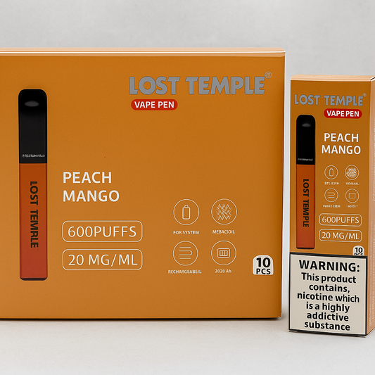 Lost Temple® Peach Mango Vape Pen | 600 Puffs | 20mg Nicotine | Rechargeable Pod System with Mesh Coil (10 Pack)