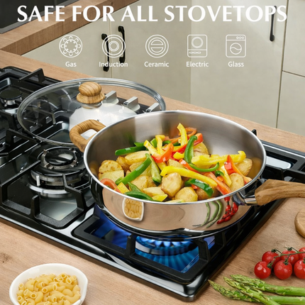 KOCH SYSTEME CS Stainless Steel Saute Pan with Lid, 12 Inch Deep Frying Pan with Double Handles, 5.5 Quart 18/10 Stainless Steel Pan with Cool-Touch Bakelite Handle, Deep Frying Pan, Induction Ready