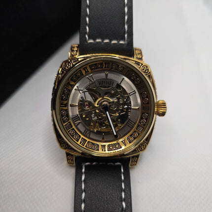 RUIQI Luxury Skeleton Automatic Watch – Gold Engraved Case & Black Leather Strap (3ATM Water Resistant)