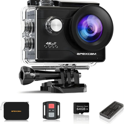 Apexcam Action Camera 4K 60FPS 64MP with 64GB Card WiFi Underwater Camera Waterproof 40M Sports Camera EIS With Ultra HD 2.4G Remote 2 x 1350mAh Batteries and Accessories