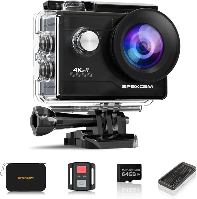 Apexcam Action Camera 4K 60FPS 64MP with 64GB Card WiFi Underwater Camera Waterproof 40M Sports Camera EIS With Ultra HD 2.4G Remote 2 x 1350mAh Batteries and Accessories