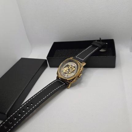 RUIQI Luxury Skeleton Automatic Watch – Gold Engraved Case & Black Leather Strap (3ATM Water Resistant)