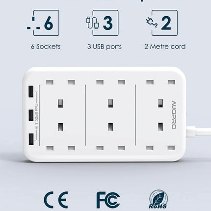 AUOPRO 6-Way UK Extension Lead with 3 USB Ports | 5ft Cable | White