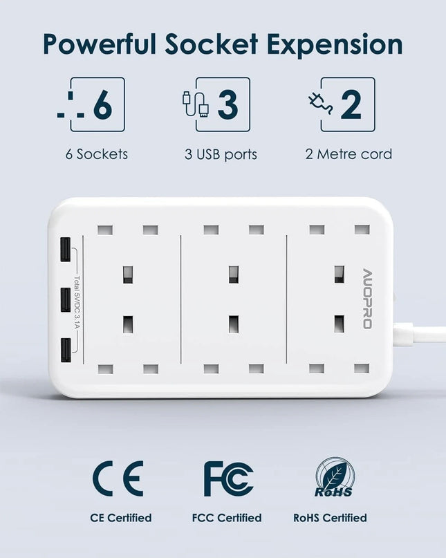 AUOPRO 6-Way UK Extension Lead with 3 USB Ports | 5ft Cable | White