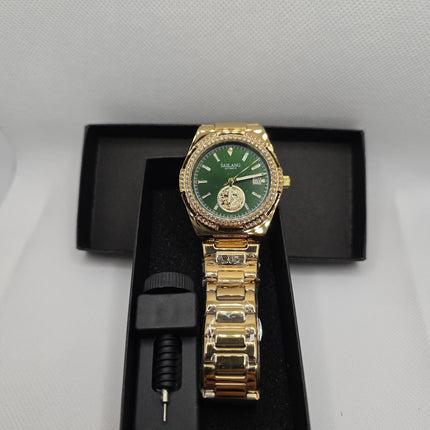 SAILANG Gold Automatic Watch – Green Dial, Crystal Bezel & Date Display (Stainless Steel Bracelet, 3ATM)