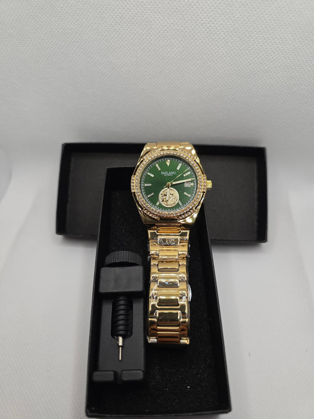 SAILANG Gold Automatic Watch – Green Dial, Crystal Bezel & Date Display (Stainless Steel Bracelet, 3ATM)