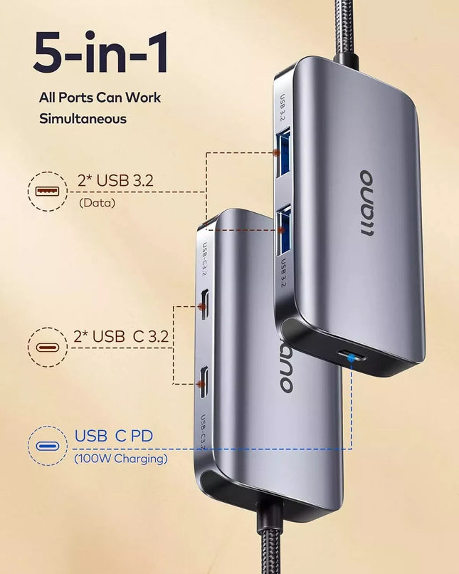 USB C Hub 3.2 Gen 2, 5-in-1 USB Hub Docking Station, 100W Power Delivery, 10Gbps
